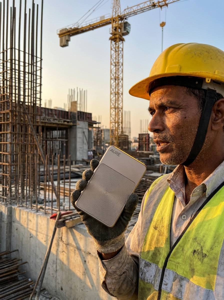 A site engineer logging a voice note with the Aure card