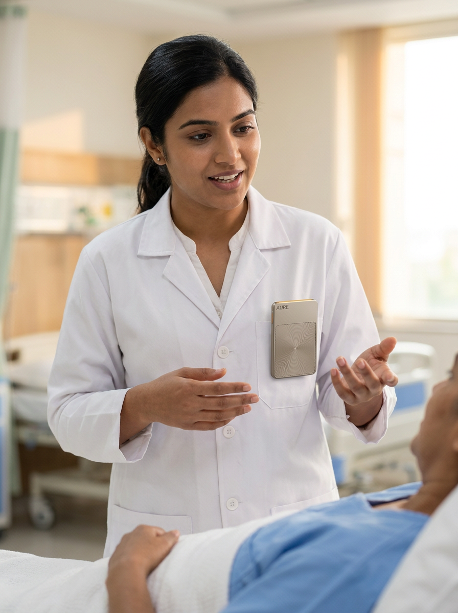 A doctor dictating at the bedside with the Aure card on her coat