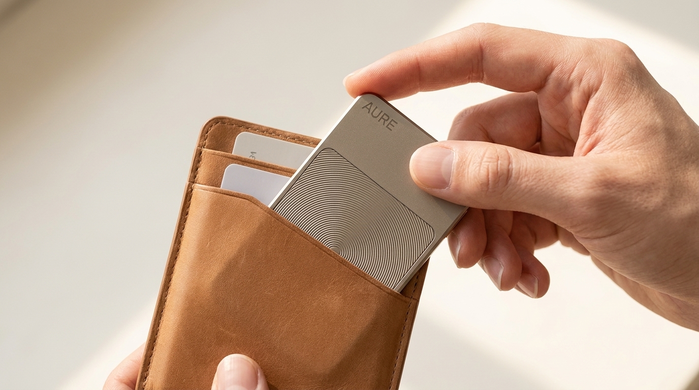 Aure sliding into a leather cardholder beside credit cards
