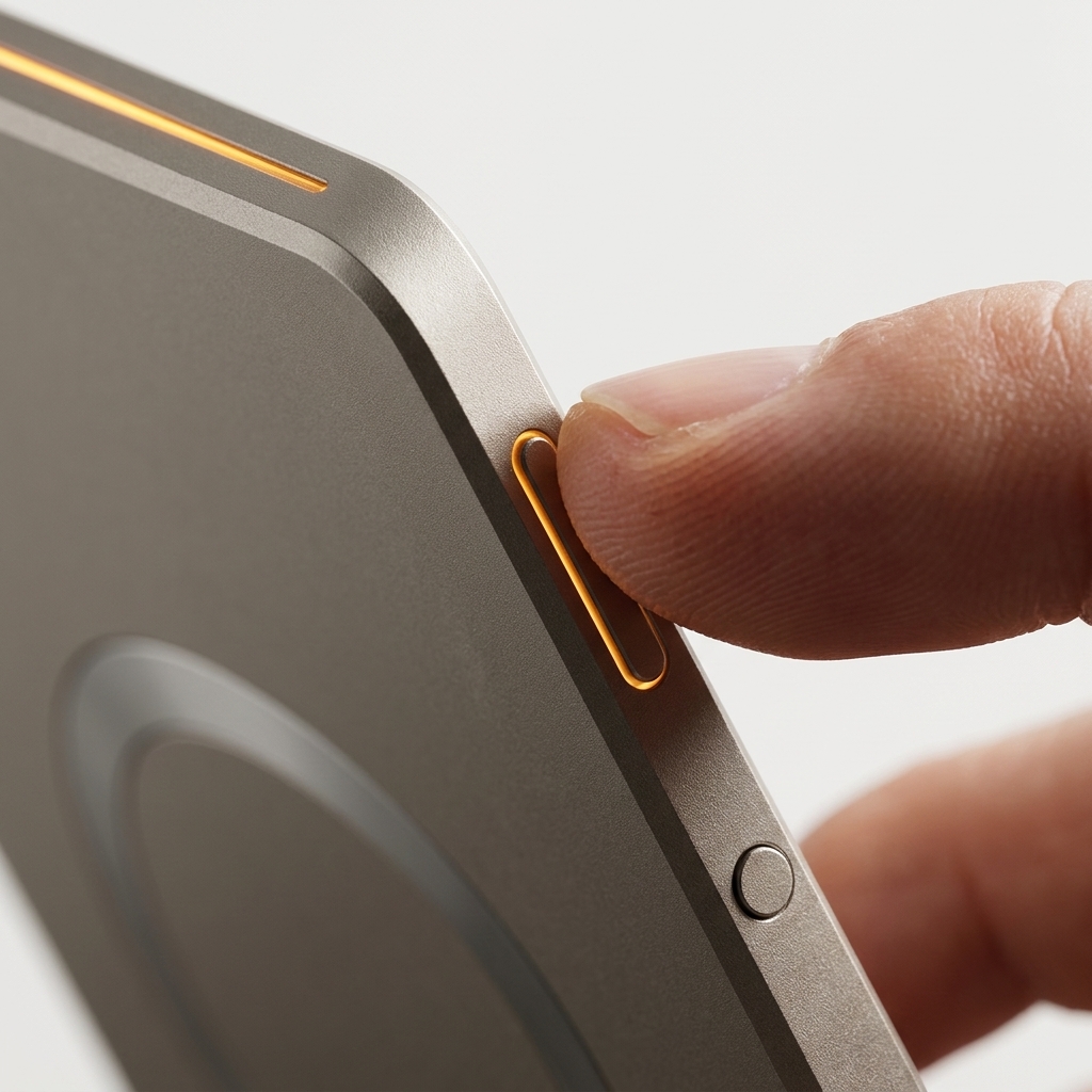 A fingertip pressing Aure's pill-shaped record button